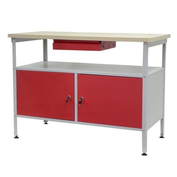 Établi a double porte DEFITEC - Rouge/Blanc - Pieds réglables - 1 ti