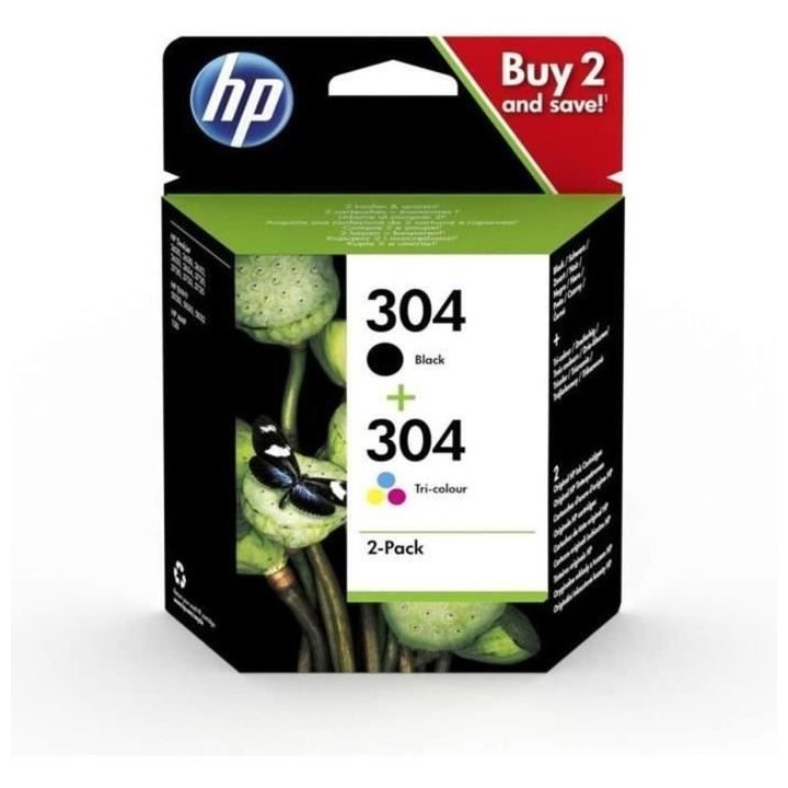 HP 304 Pack de 2 cartouches d'encre noire et trois couleurs authentiqu