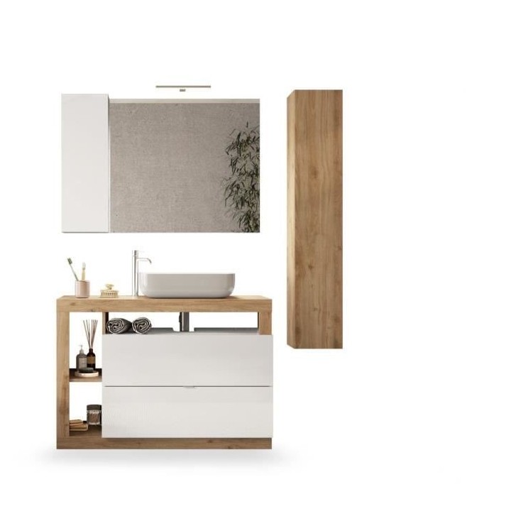 Ensemble Meuble salle de bain HAMBOURG L110 - Vasque + 2 Tiroirs + 3 n