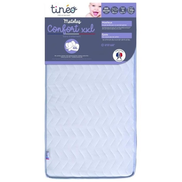 Matelas Bébé Confort XXL 60x120x15cm - Sans Traitement - Fabriqué E