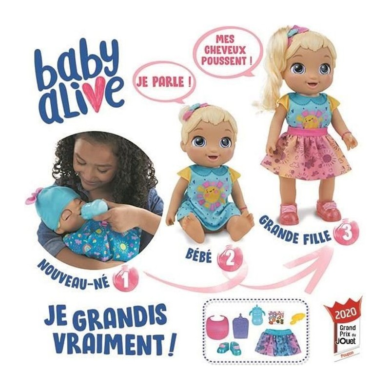 BABY ALIVE - Baby Grows Up (Happy) - Happy Hope ou Merry Meadow - Poupée qui grandit et parle - accessoires surprise