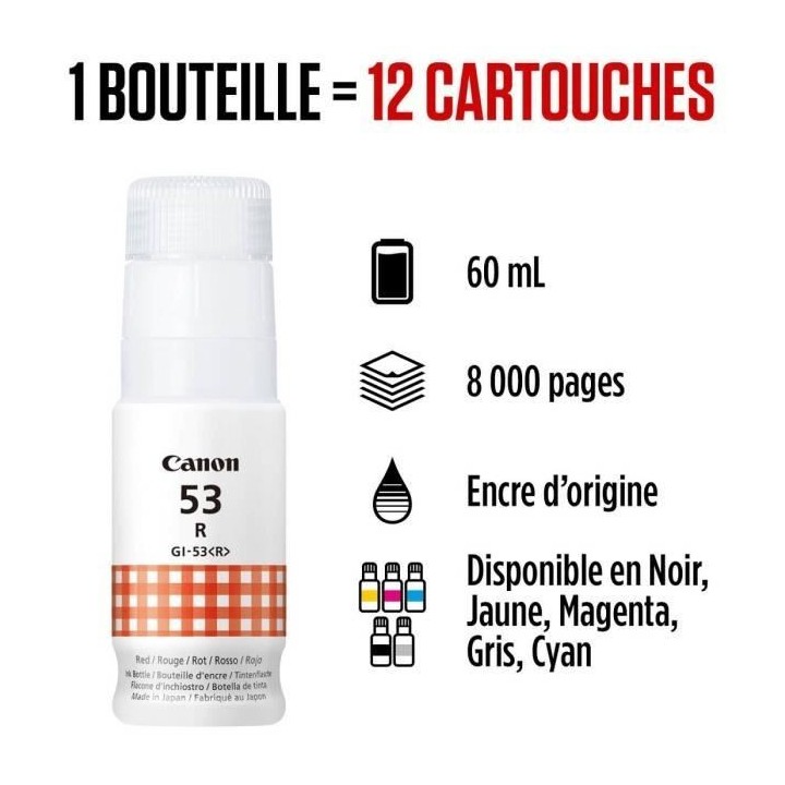 Bouteille d'encre - CANON - GI-53R - Rouge - Compatibilité PIXMA G650