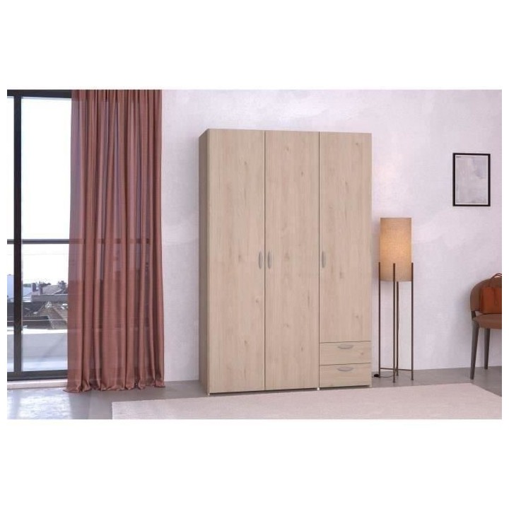 Armoire VARIA - Décor chene et blanc - 3 portes - 2 tiroirs - 120,3 x