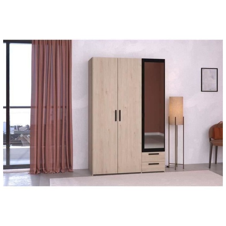 Armoire - Panneau de particules - Décor chene et noir - 3 portes droi