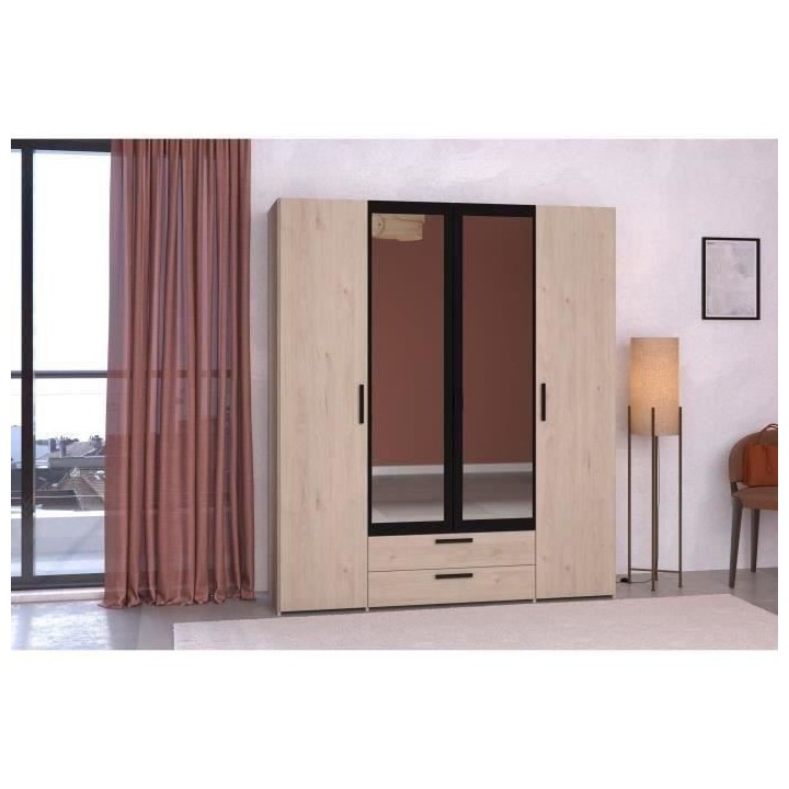 Armoire - Panneau de particules - Décor chene et noir - 4 portes cent