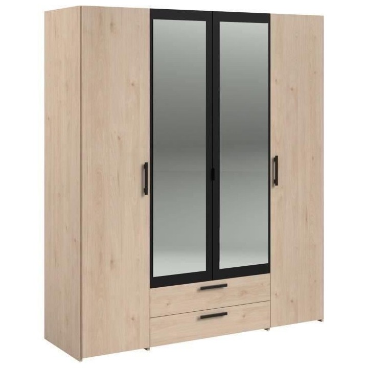 Armoire - Panneau de particules - Décor chene et noir - 4 portes cent