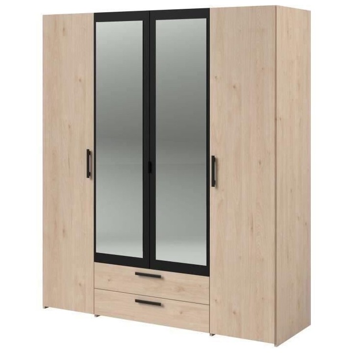Armoire - Panneau de particules - Décor chene et noir - 4 portes cent