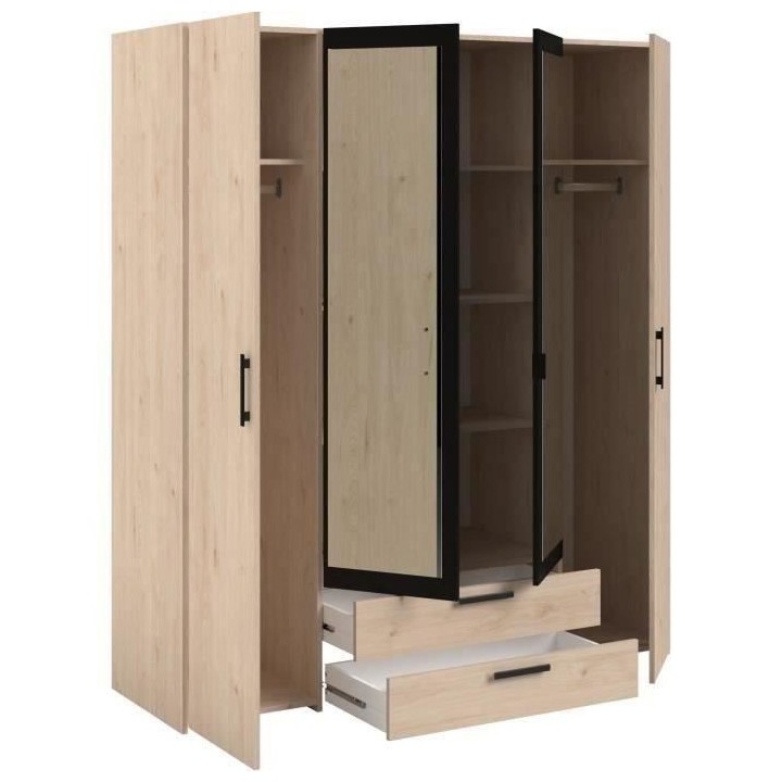 Armoire - Panneau de particules - Décor chene et noir - 4 portes cent