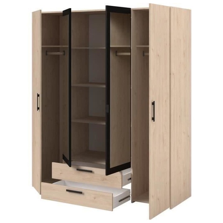 Armoire - Panneau de particules - Décor chene et noir - 4 portes cent