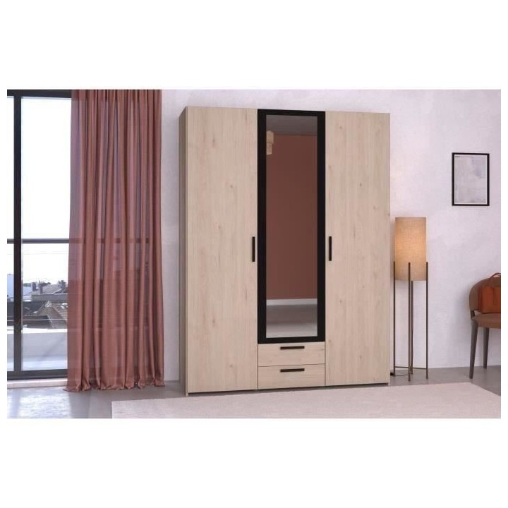 Armoire - Panneau de particules - Décor chene et noir - 3 portes cent