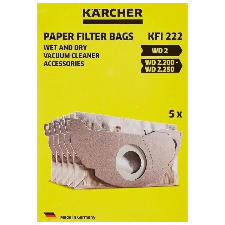 Sachet filtre papier a deux épaisseurs pour KARCHER WD2200 / A2003 /