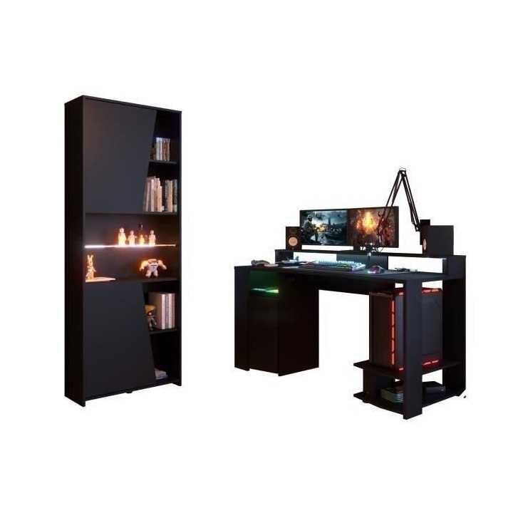 Ensemble bureau gamer et bibliotheque PARISOT - Décor noir