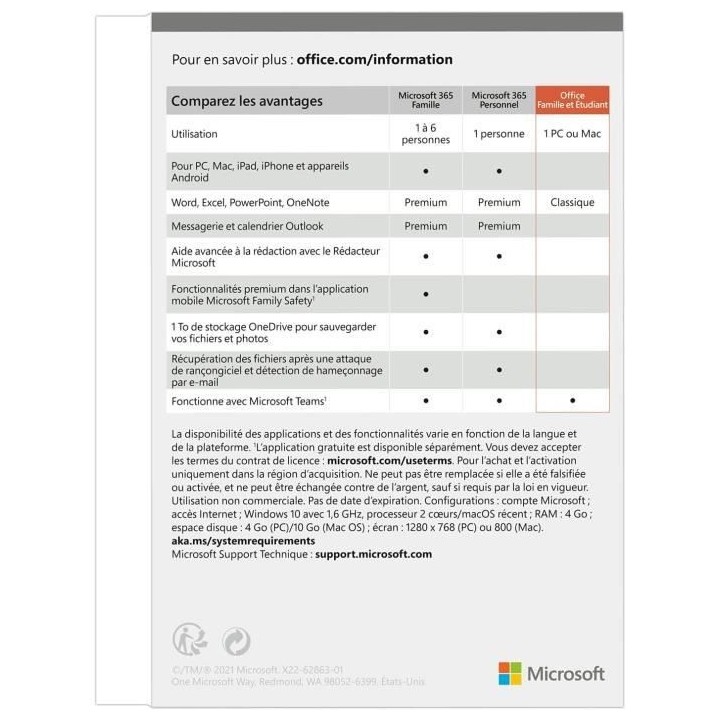 MICROSOFT Office Famille & Etudiant 2021 - Achat définitif