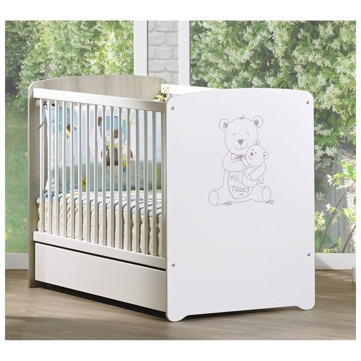 Lit bébé - 120 x 60 cm - Babyprice Teddy - Sérigraphié ours - En b