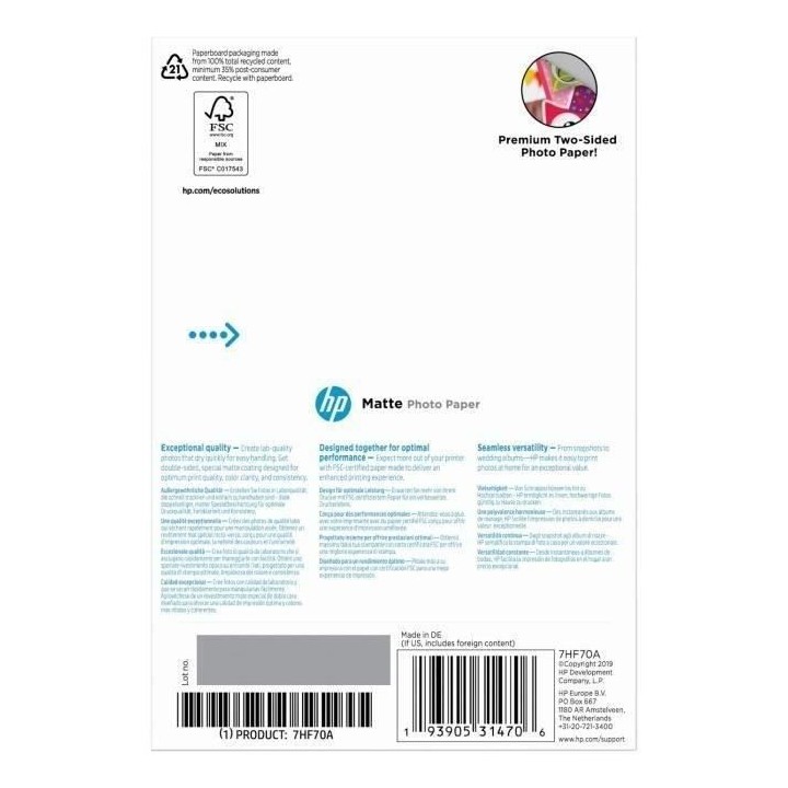 Papier photo mat HP - 180 g/m2 - 10 x 15 cm - 25 feuilles (7HF70A)