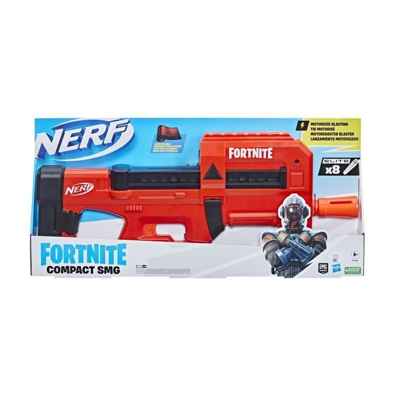 Nerf Fortnite Compact SMG, Blaster a fléchettes motorisé, revetement Ultra Red, chargeur interne 8 fléchettes, inclut 8 fléc