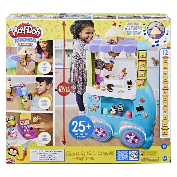 Play-Doh, Camion de glace géant, inclut 27 accessoires, 12 pots de