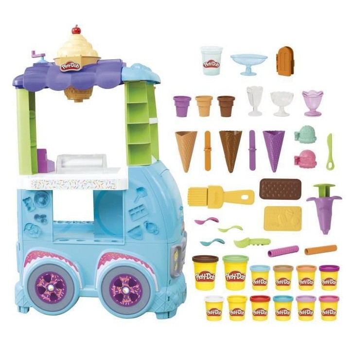 Play-Doh, Camion de glace géant, inclut 27 accessoires, 12 pots de
