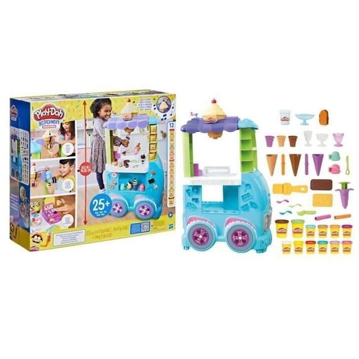 Play-Doh, Camion de glace géant, inclut 27 accessoires, 12 pots de