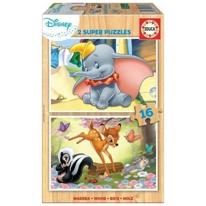Puzzle en bois Disney - EDUCA - Bambi + Dumbo - 2x16 pieces