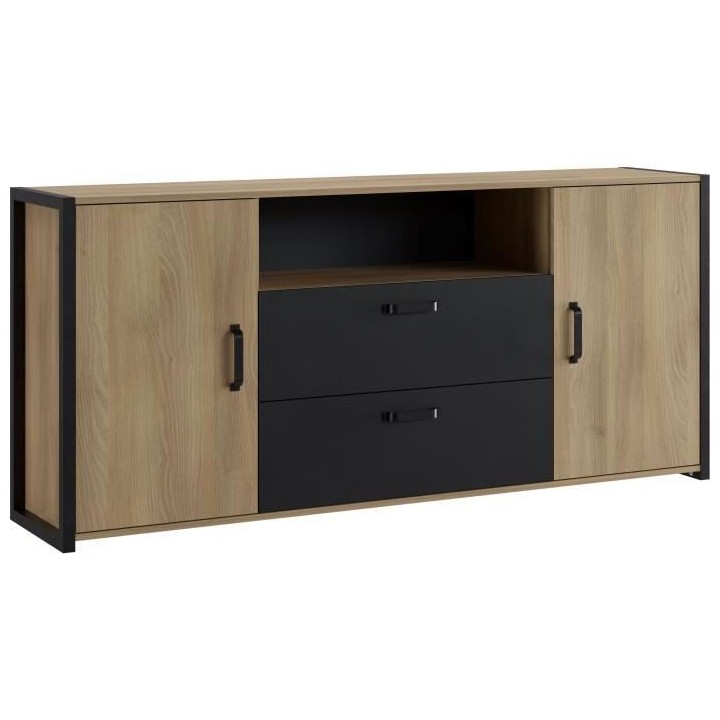 Buffet Mélaminé chene et noir - style industriel - L 180x40 x 84 cm