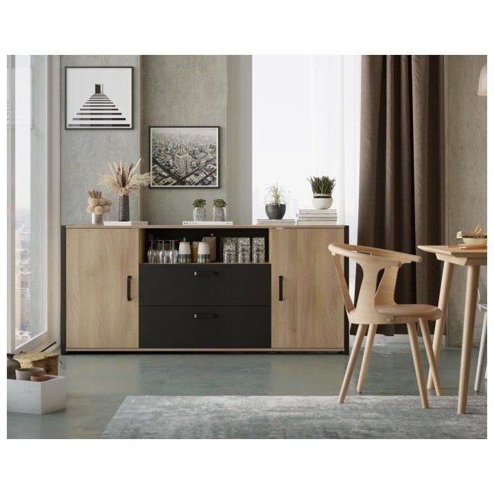 Buffet Mélaminé chene et noir - style industriel - L 180x40 x 84 cm