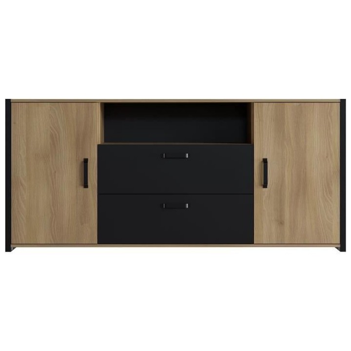 Buffet Mélaminé chene et noir - style industriel - L 180x40 x 84 cm