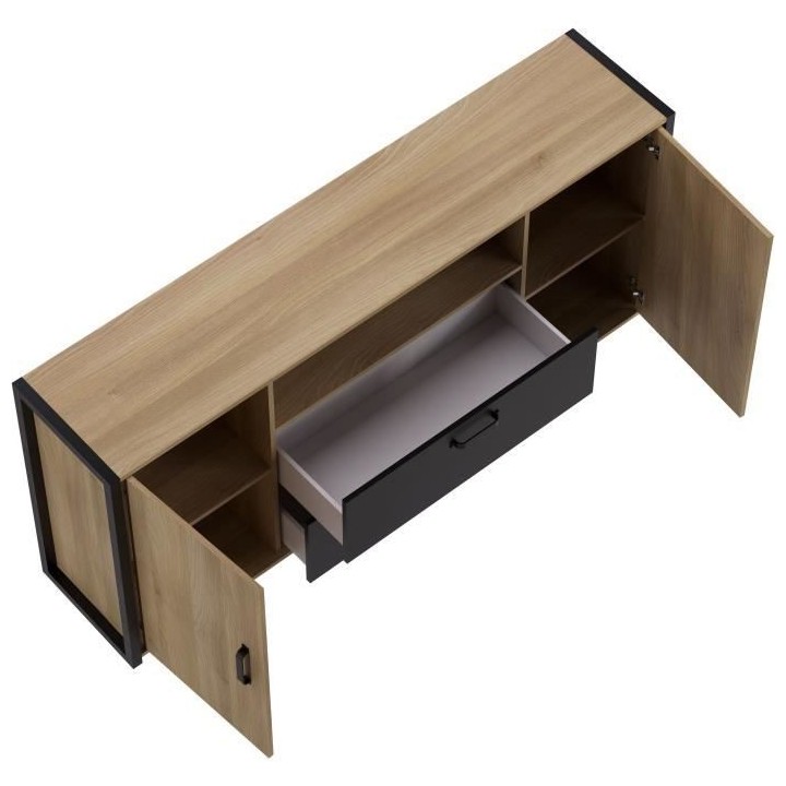 Buffet Mélaminé chene et noir - style industriel - L 180x40 x 84 cm