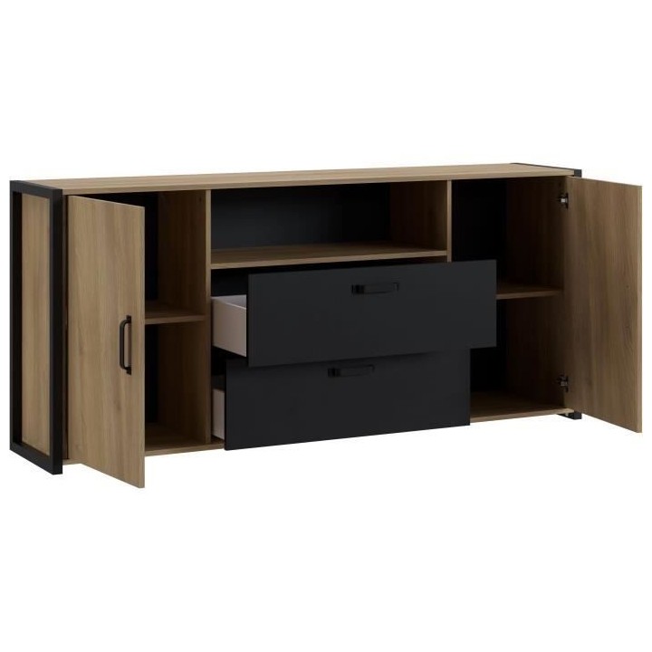 Buffet Mélaminé chene et noir - style industriel - L 180x40 x 84 cm