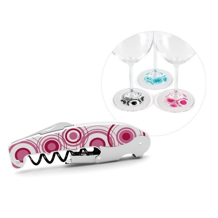 Kit smart fun et fun 60's - 1 tire-bouchon - 8 marque-verre assortis