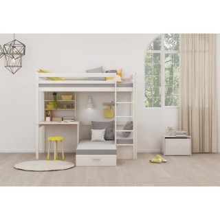 Lit mezzanine combiné - Bois massif - Blanc - Sommier inclus - 90x 20