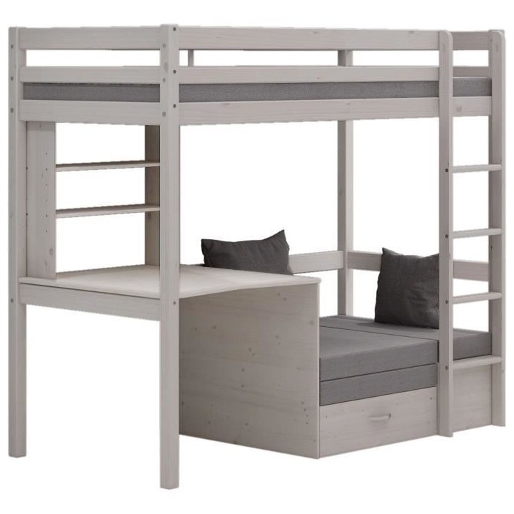 Lit mezzanine combiné - Bois massif - Blanc - Sommier inclus - 90x 20