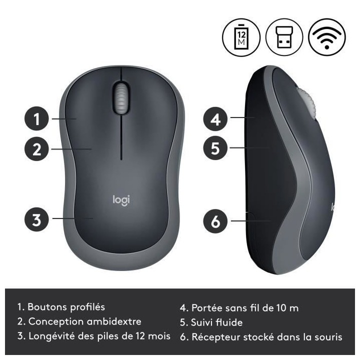Souris sans fil - LOGITECH - M185 - Optique - Gris