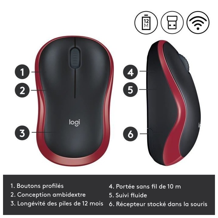 Souris sans fil - LOGITECH - M185 - Optique - Rouge