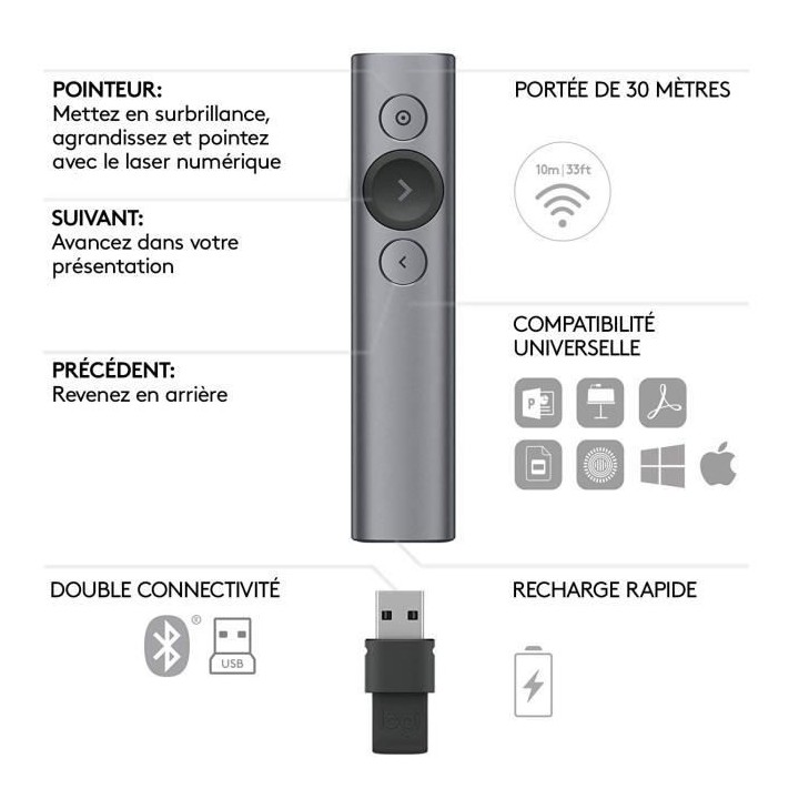 LOGITECH Pointeur SPOTLIGHT PRESENTER Gris