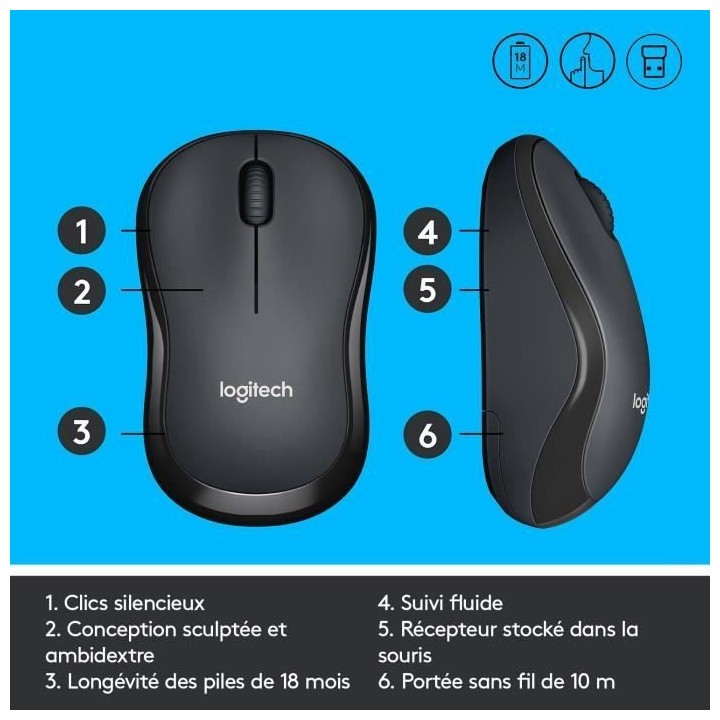LOGITECH Souris Silencieuse M220 Silent - Sans Fil - Gris/Noir