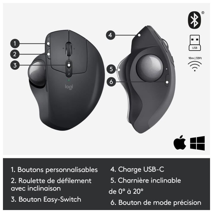 LOGITECH - Souris sans fil MX ERGO - Noir