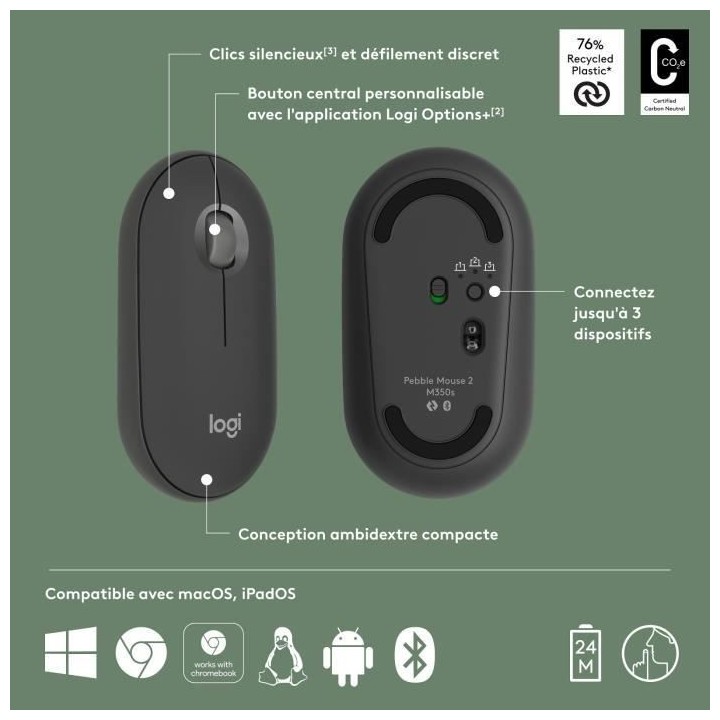 LOGITECH - Souris sans fil - Pebble Mouse 2 M350s - Graphite - (910-00