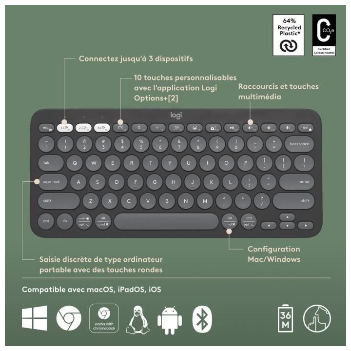 LOGITECH - Clavier sans fil - Pebble Keys 2 K380s - Bluetooth - Bouton