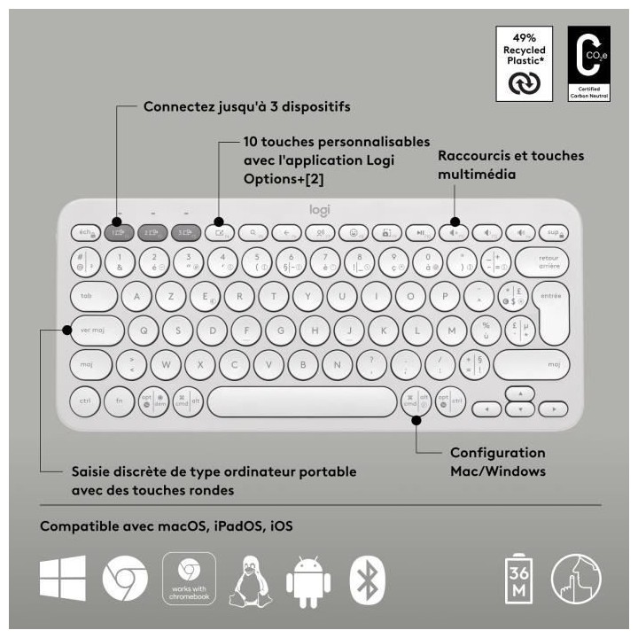 LOGITECH - Clavier sans fil - Pebble Keys 2 K380s - Bluetooth - Bouton