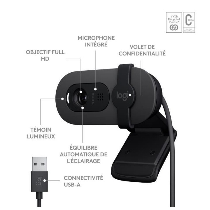 Webcam - Full HD 1080p - LOGITECH - Brio 100 - Microphone intégré -