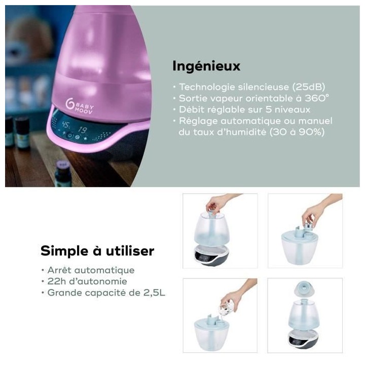 Babymoov Hygro(+) – Humidificateur d'air, 22h d'Autonomie, Silencieu