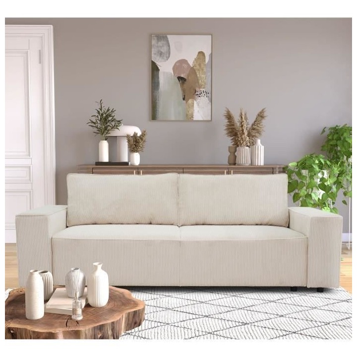 Canapé droit convertible 3 places JOSH - velours côtelé beige - Cof
