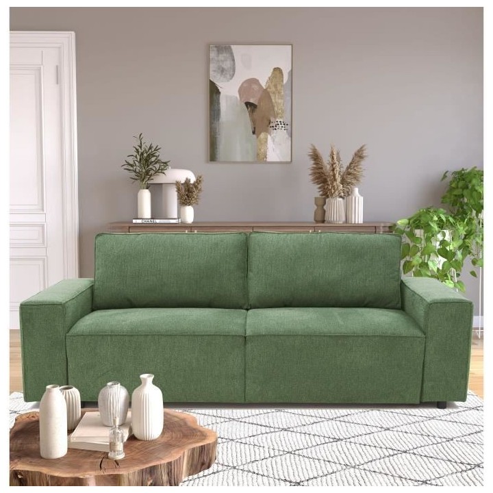 Canapé convertible 3 places JOSH - Tissu Loft Olive - Coffre de range