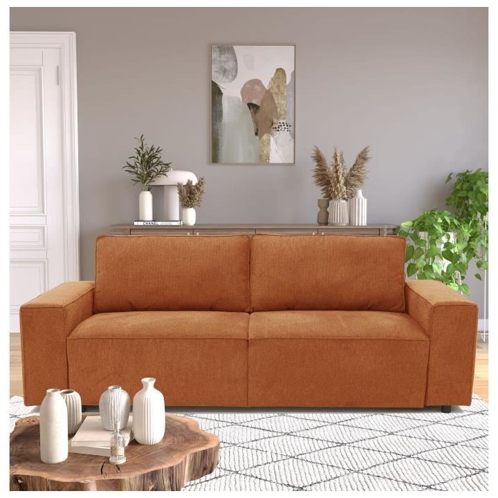 Canapé convertible 3 places JOSH - Tissu Loft Terracotta - Coffre de