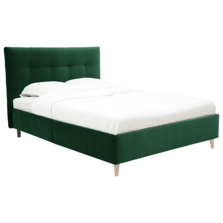 Lit adulte LONY - Couchage 140x190 cm - Tissu velours mat Vert - Struc