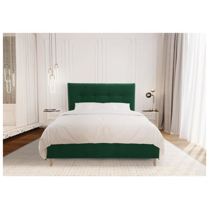Lit adulte LONY - Couchage 140x190 cm - Tissu velours mat Vert - Struc