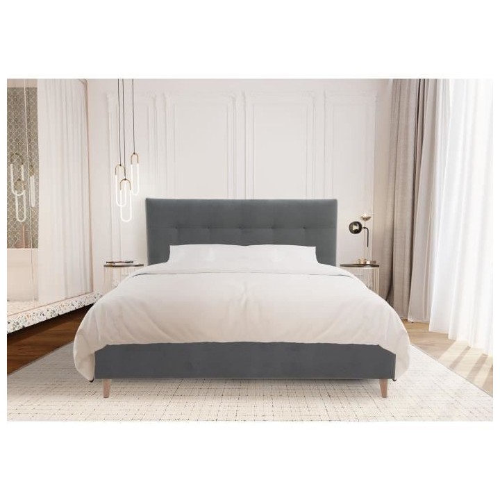 Lit adulte LONY - Couchage 160x200 cm - Tissu velours mat Anthracite -