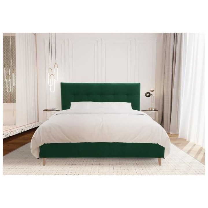 Lit adulte LONY - Couchage 160x200 cm - Tissu velours mat Vert - Struc