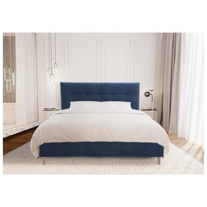 Lit adulte LONY - Couchage 160x200 cm - Tissu velours mat Navy - Struc